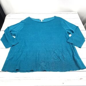Eileen Fisher Teal Turquoise Linen Blend Boxy Knit Top 3/4 Sleeve Lagenlook L